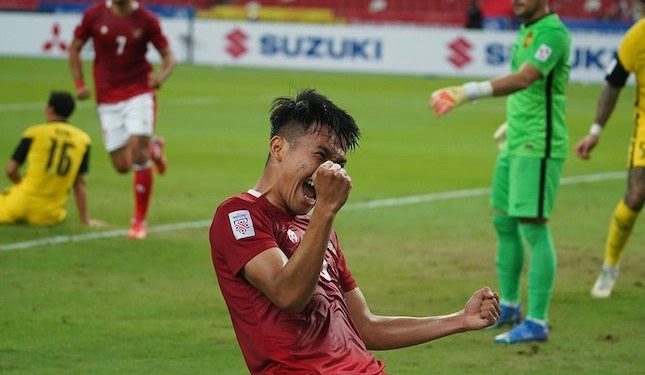 Selebrasi Witan Sulaeman untuk gol Timnas Indonesia ke gawang Malaysia di Piala AFF 2020. (foto : bola.net)