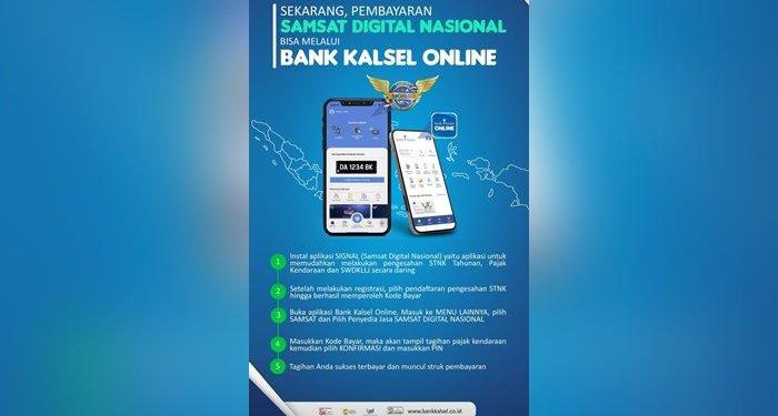 Aplikasi Bank Kalsel Online bisa melakukan pembayaran Samsat Digital Nasional.