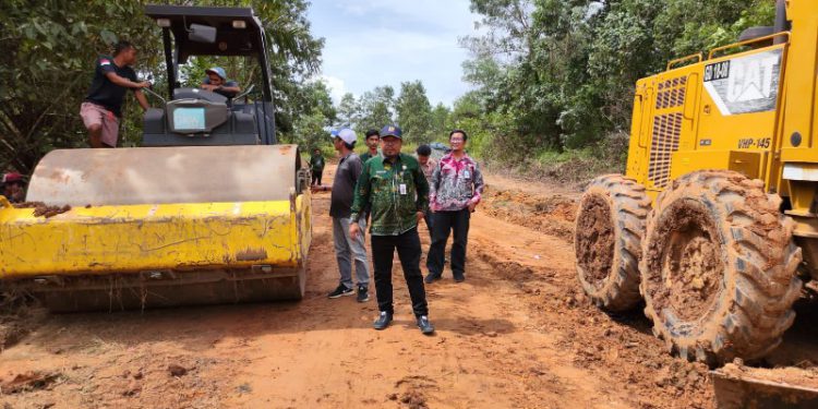 Kepala Dinas Pekerjaan Umum dan Penataan Ruang (PUPR) Pemkab Tanah Bumbu, Subahansyah meninjau lokasi pengerjaan jalan baru untuk pengalihan ruas jalan nasional KM 171 Desa Satui. (foto : istimewa)