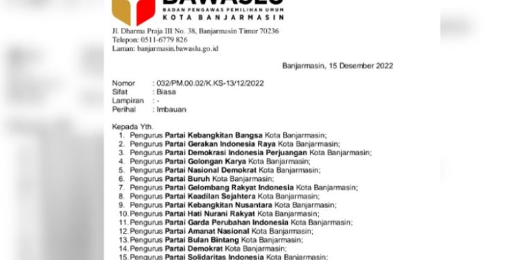 Surat Bawaslu Banjarmasin perihal imbauan masa dan metode kampanye.