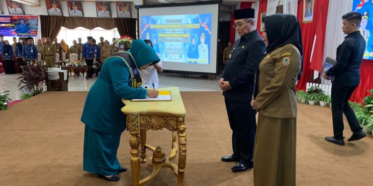 Hj Isnainah saat dikukuhkan sebagai Bunda Literasi HSS oleh Bupati HSS Achmad Fikry yang turut disaksikan Kepala Dispersip Kalsel Hj Nurliani Dardie. (foto : istimewa/Dispersip Kalsel)