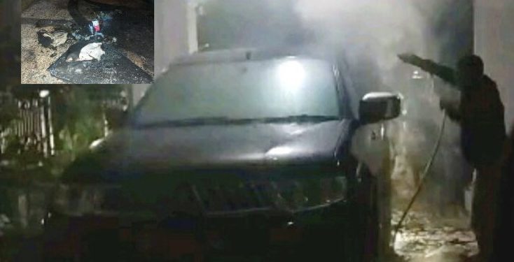 Mobil Pajero terbakar dan ditemukan botol berisi BBM dengan sumbu terbakar.