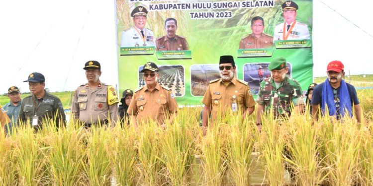 Gubernur Kalsel H Sahbirin Noor disapa Paman Birin saat hadiri panen bersama Padi Apung di Desa Hamayung. (foto : istimewa)