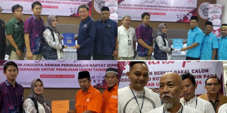 Partai Nasdem, Perindo, Buruh dan Gelora saat mengantar berkas Bacaleg ke KPU Banjarmasin. (foto : shn/seputaran)