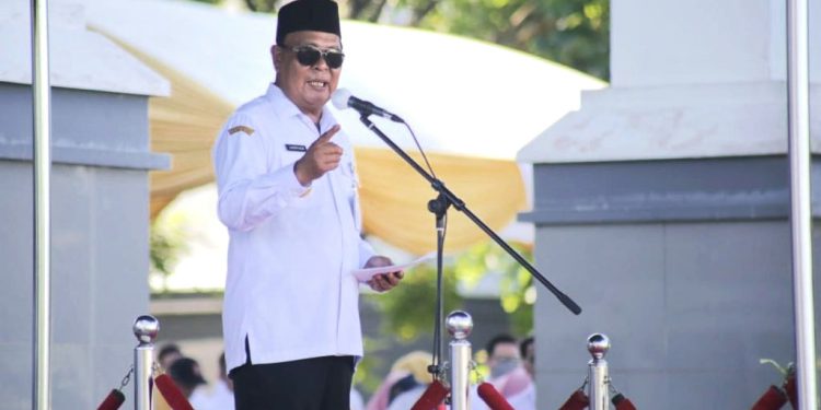 Gubernur Kalsel H Sahbirin Noor atau Paman Birin memberikan sambutan pada Apel Peringatan OTDA ke-27. (foto : istimewa)