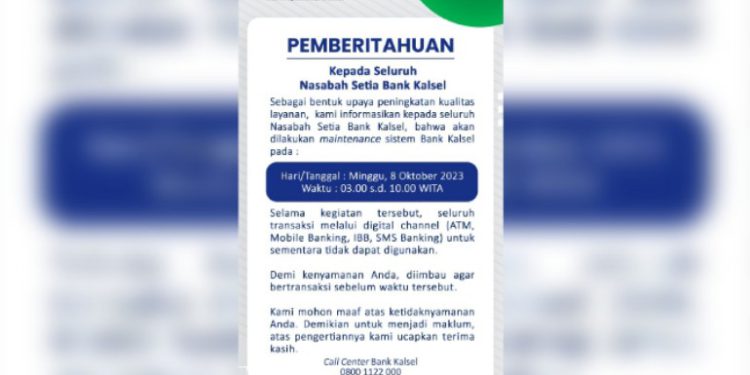 Pamplet pengumuman Bank Kalsel yang melakukan maintenance.