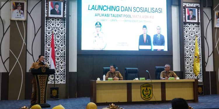 Walikota Banjarmasin H Ibnu Sina saat sambutan pada launching dan sosialisasi aplikasi pemantau ASN. (foto : shn/seputaran)