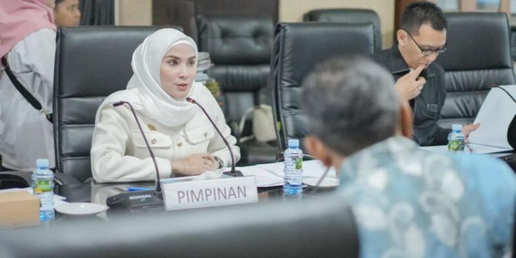 Ketua Komisi III DPRD Kalsel Mustaqimah saat memimpin rapat kerja dengan GM Bandara Syamsudin Noor Banjarbaru, Donny Soebardono. (foto : istimewa)