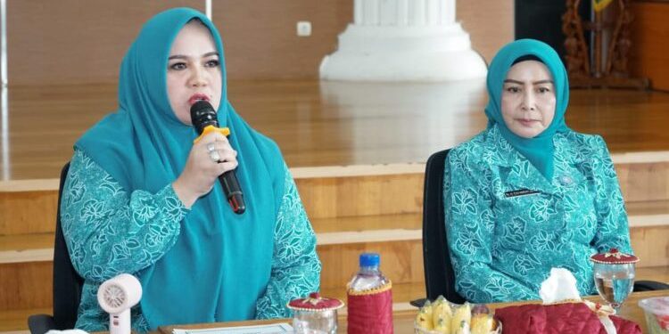 Ketua TP PKK Tapin Hj Faridah Yamani saat berikan arahan untuk Posyandu ILP Kamboja yang bersiap hadapi penilaian tingkat provinsi. (foto : istimewa)