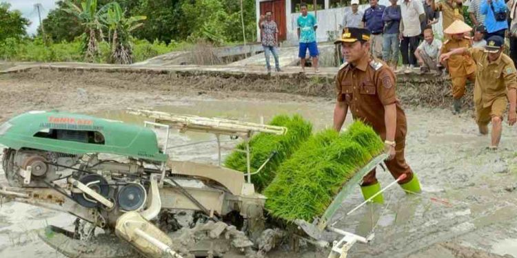 Wabup Barsel Kristianto Yudha saat mencoba Alsintan yang diserahkan untuk Gapoktan. (foto : istimewa)