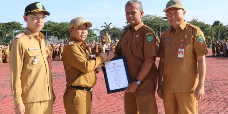 Bupati Tapin H Yamani menyerahkan  piagam penghargaan OVOP Bintang 2 Kementerian Perindustrian kepada Junaidi, perwakilan petani cabai Hiyung. (foto : istimewa)