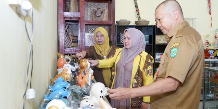 Ketua Dekranasda Tapin Hj Faridah Yamani saat melihat kerajinan khas daerah Tapin. (foto : istimewa)