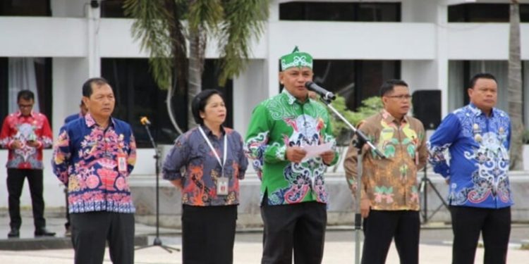 Asisten Perekonomian dan Pembangunan Pemerintah Kabupaten Barito Selatan (Barsel), Rahmat Nuryadin  memimpin apel gabungan ASN Pemkab Barsel. (foto : istimewa) 