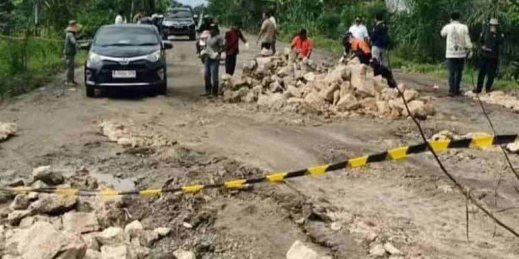 Wabup Barsel Kristianto Yudha meninjau kerusakan Jalan Nasional Wilayah III Kalteng di Desa Pararapak. (foto : istimewa)