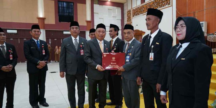 Wabup Tapin H Juanda saat menyerahkan piagam tanda kehormatan Satyalancana Karya Satya. (foto : istimewa)