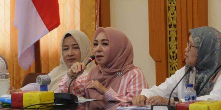 Ketua TP PKK Kalsel Hj Fathul Jannah Muhidin saat sambutan. (foto : Adpim Kalsel)