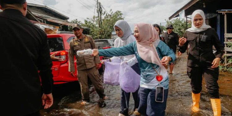 Istri Gubernur Kalsel Hj Fathul Jannah Muhidin (Ketua TP PKK Kalsel) saat menyerahkan bantuan untuk warga terdampak banjir. (foto : Adpim Kalsel)