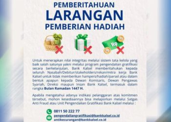 Bank Kalsel Terbitkan Pengumuman Larangan Pemberian Hadiah atau Gratifikasi