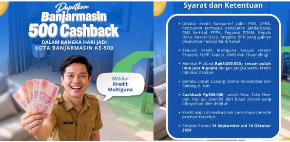 Promo Casback Kredit Multi Guna Bank Kalsel senilai Rp500 ribu dalam rangka memeriahkan Harjad ke-500 Banjarmasin. (foto : capture IG Bank Kalsel)