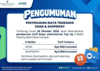 Bank Kalsel Tetapkan Biaya Rp 2 Ribu untuk Top Up Dana dan ShoppePay